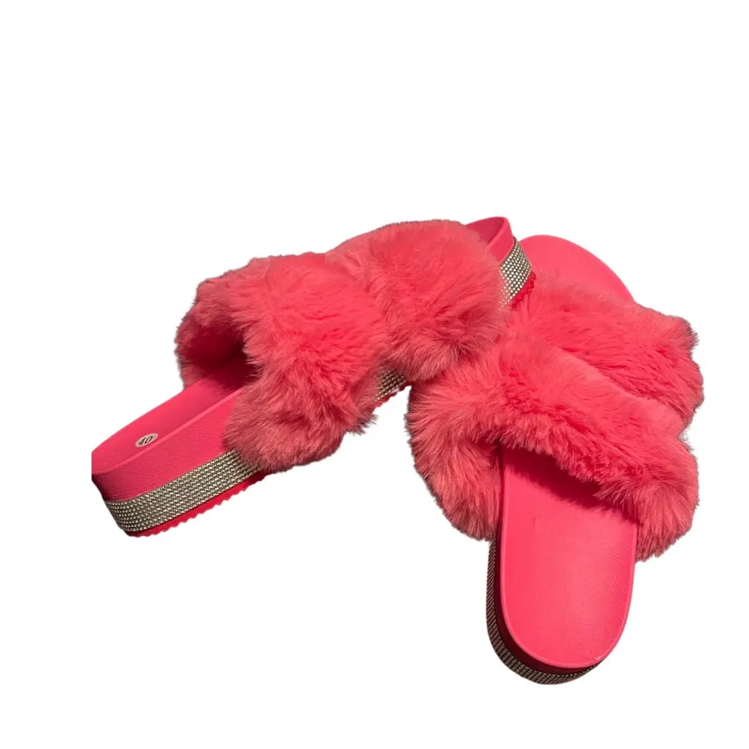 Women's Fluffy Rhinestone Slides - Cozy Slippers with Embellishments for Home Comfort - Footwear, Walking Shoes
