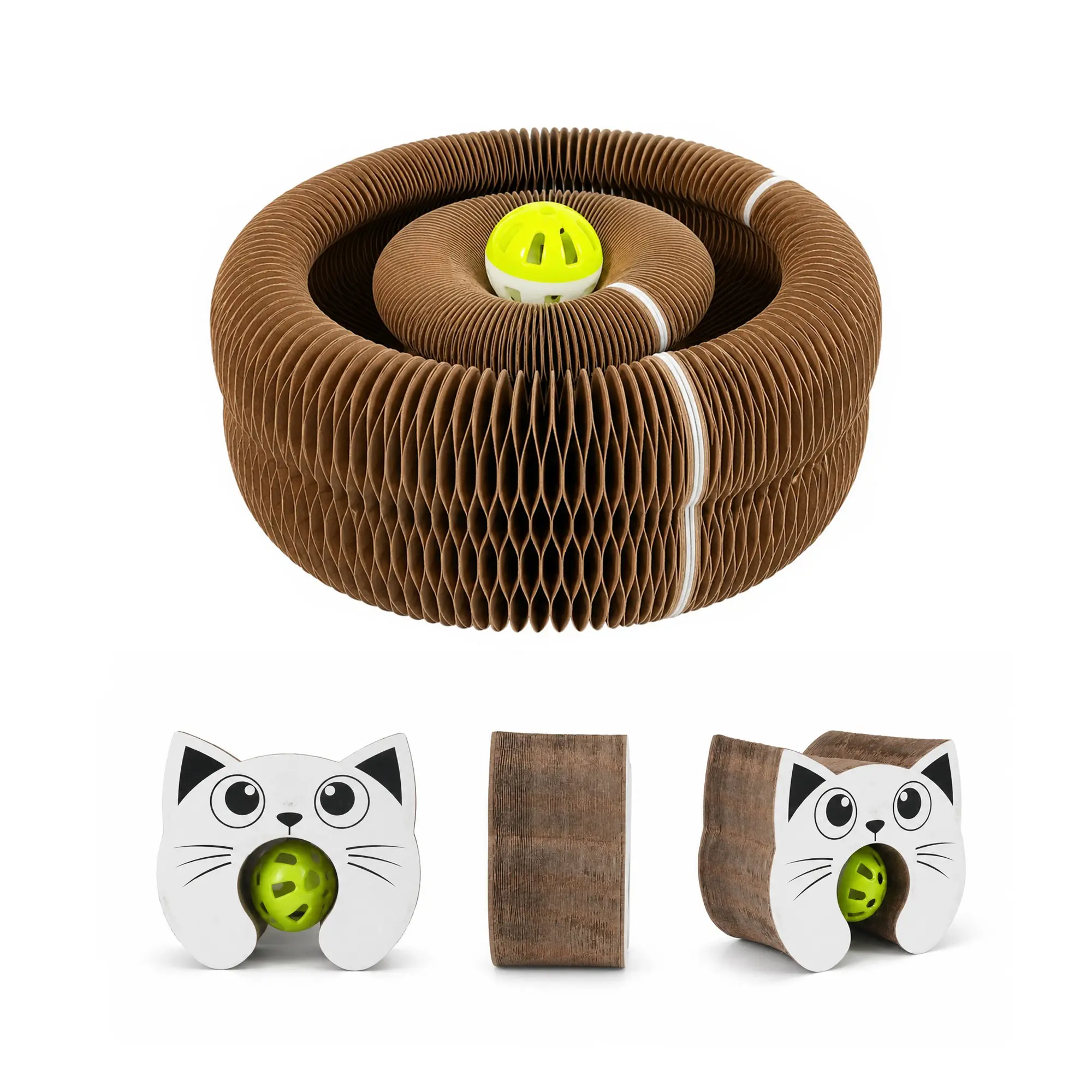 Foldable Cardboard Cat Scratcher Pad with Rolling Bell Ball - Interactive Pet Toy for Indoor Cats & Kittens, Fits Small Apartments, Relieves Boredom, Satisfies Scratching Needs