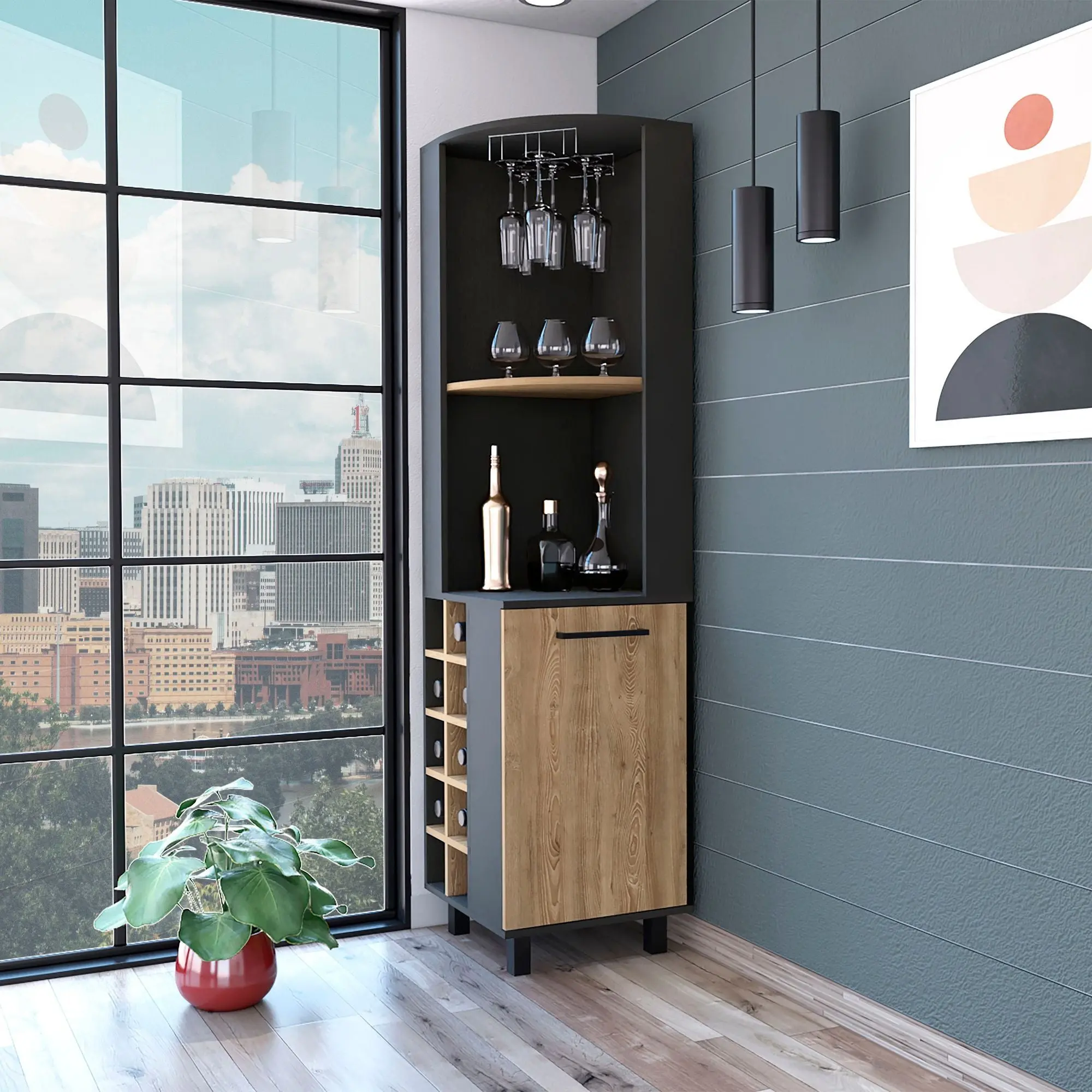 Corner Bar Sideboard Cabinet with Built-in Wine Rack in Black