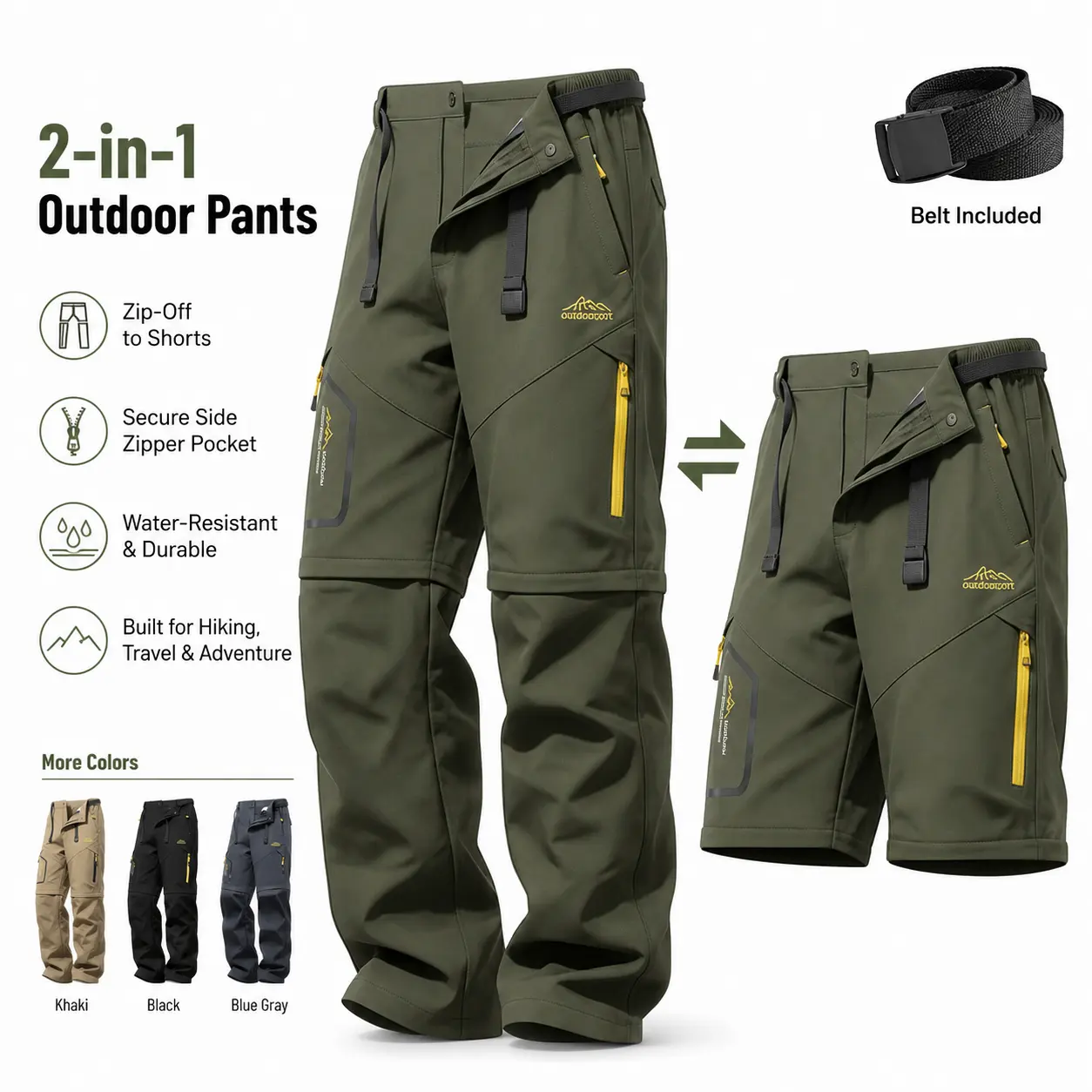 Men's All Seasons Convertible Cargo Pants - Zipper Pockets, Integrated Pocket, Zip-Off Long Legs for Matching Shorts, Belt-Included Casual Outdoor Hiking Menswear Bottoms
