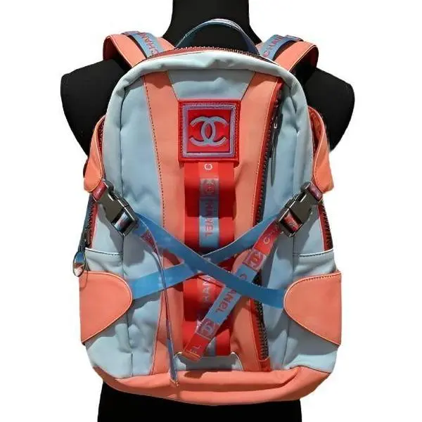 Pre-owned CHANEL Canvas Backpacks Authentic CC Sport Line Nylon Backpack Bag Multicolor Blue Red Vintage