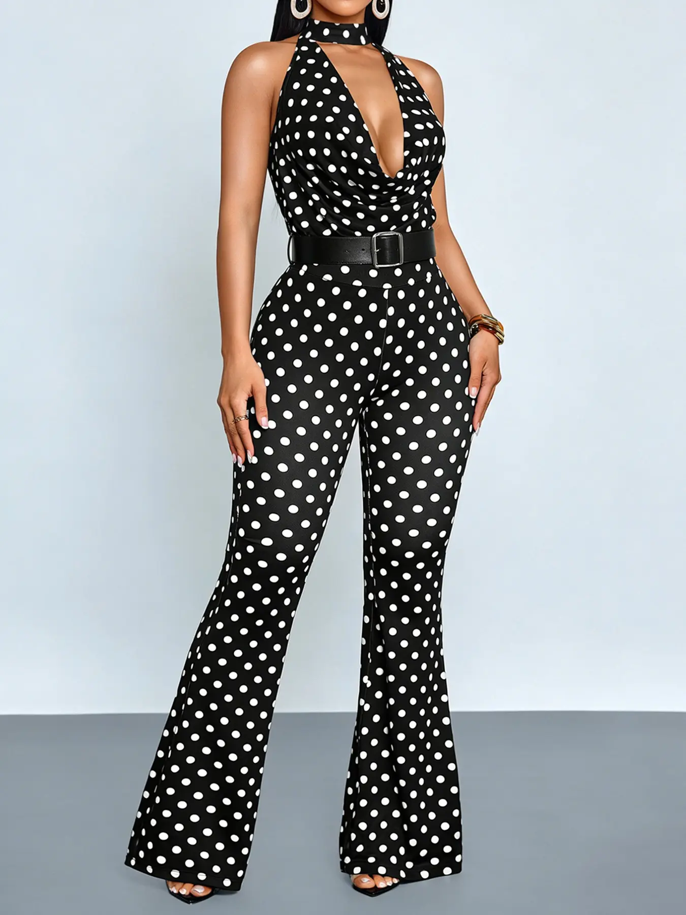 Two-Piece Summer Casual Sexy Women's Polka Dot Long Pants Fitted Clothing Set, Deep V Neck Crop Top with High Waist Fitted Bell Bottoms, Fashionable Summer Womenswear (Belt not included)