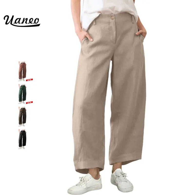 UANEO Womens Linen Pants Casual Capri Baggy Wide Leg Trousers Palazzo Pants Beach Vacation Outfits