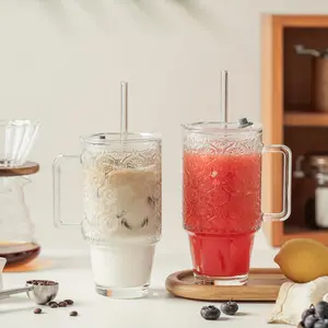 24oz Round Glass Tumbler with Straw & Lid, 1/2 Counts Elegant Glass Cup with Handle, Reusable & Machine Washable Drinking Cup for Home Office, Drinkware, Kitchenware