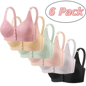 6-Pack Luxury Front Closure Underwear Wire-Free Sports Bra with Push-Up Support Lingerie Thin Cotton Fixed Cups Breathable Adjustable Comfort Fit Mom Tank Style Women's Innerwear for Daily Wear and Active Lifestyle