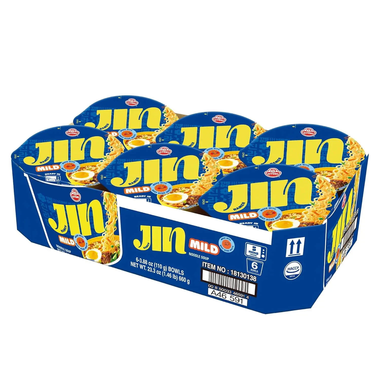 OTOKI Jin Ramen Mild Bowl – Authentic Korean Ambient Instant Noodles Food, 13-Hour Simmered Beef Bone Broth, Chewy Noodles, Carrot-Infused Smooth Savory Flavor, Glucose-Balanced, Microwave/Hot Water Prep, 5-Min Ready, 3.88 oz (Pack of 6)