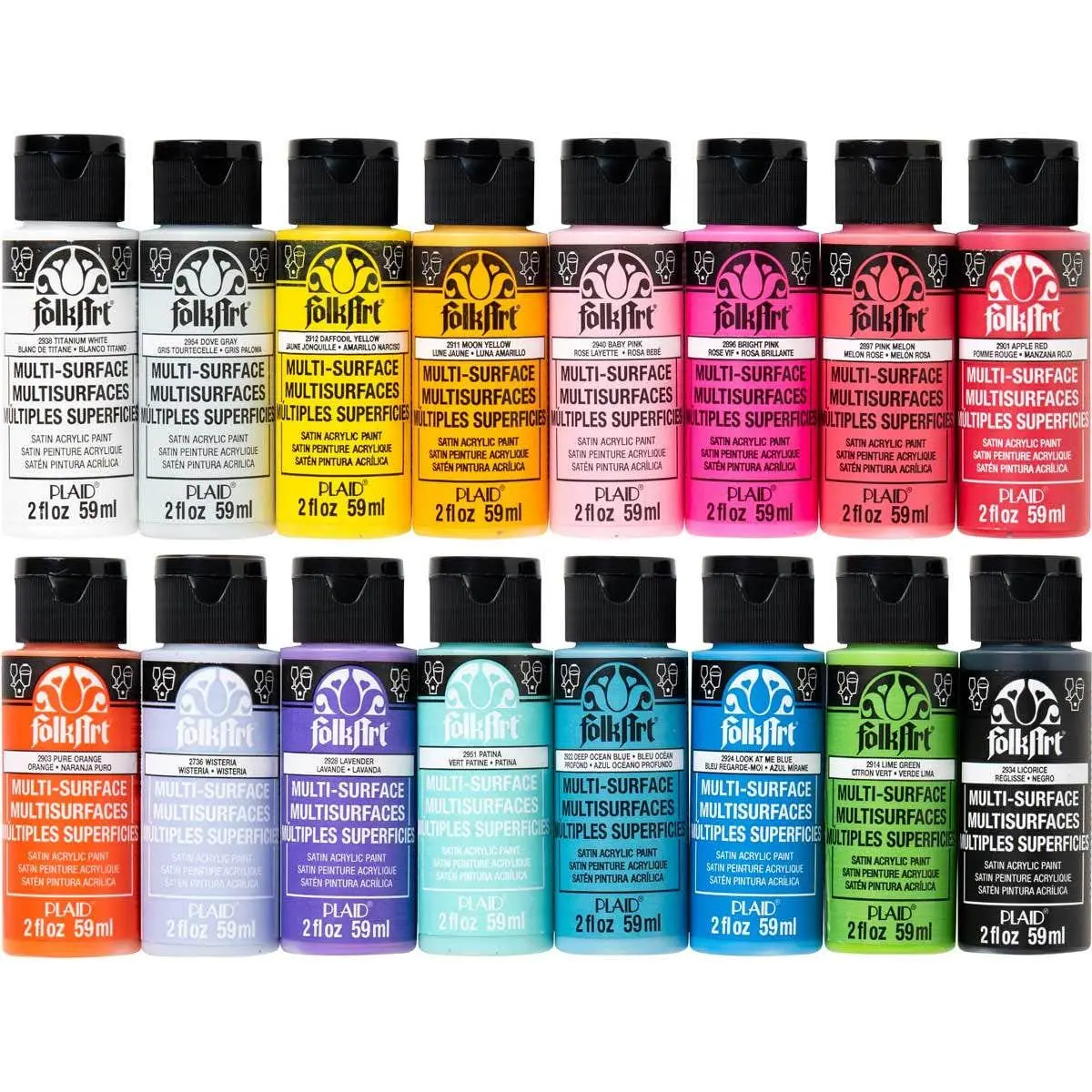 FolkArt Multi-Surface Acrylic Paint Set, 16 Bright Colors in 2 oz Bottles, Satin Finish with Creamy, Blendable Color for Art Painting, Art Craft Supplies for Artists, Colorful Art Supplies