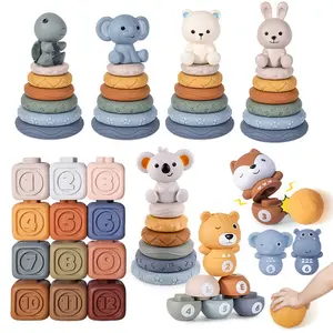 Baby Educational Soft Silicone Blocks, Number Color Shape Cognitive Toy, Animal Bowling Rainbow Rings Six-Layer Stackable Teething Toy