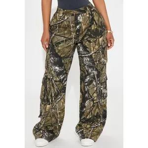 Golden Hour Wide Leg Tree Camo Cargo Pant - Olive/combo S