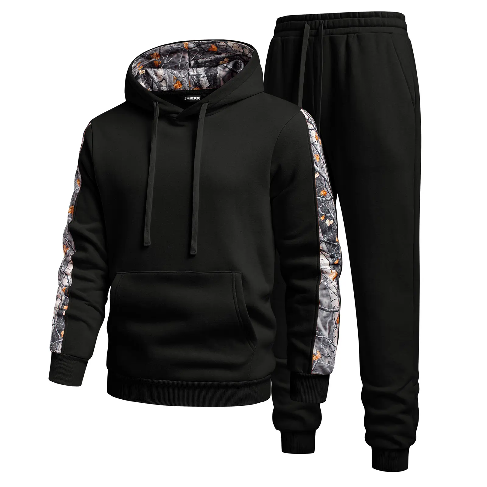 JMIERR Men's Fleece Hoodie Joggers Set 2 Piece Camo Sweatsuit | 50% Cotton, Fleece Warm, Hoodie And Sweatpants Set, Camo Trim, Fall Winter Casual Loungewear, Kangaroo Pocket