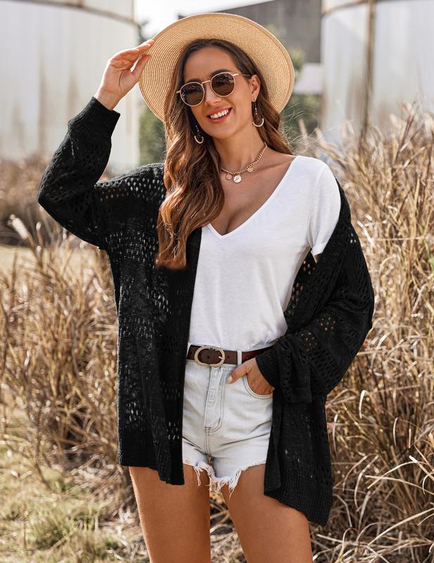Women's Lightweight Crochet Cardigan Long Sleeve Open Front Oversized Summer Sweater Batwing Beach Fashion