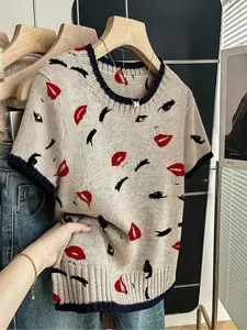 Women's Round Neck Crewneck Fitted Sweater Print, Casual Short Sleeve Knitwear for Spring Summer Fall, Comfortable Warm Daily Wear, Color Block Edge Design