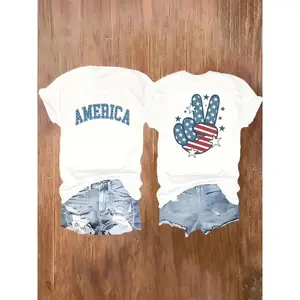 Patriotic Peace Sign Graphic T-Shirt for Women, Comfortable Shortsleeve Crew Neck Top with American Flag Print for Summer & Everyday Wear