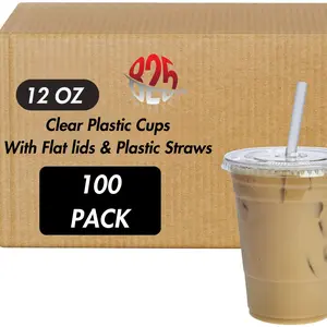 Disposable Flat Cup Smoothies, for Iced Coffee, Smoothie, Milkshake, Cold Drinks Pet Christmas Set Clear Plastic Cups with Lids and Straws