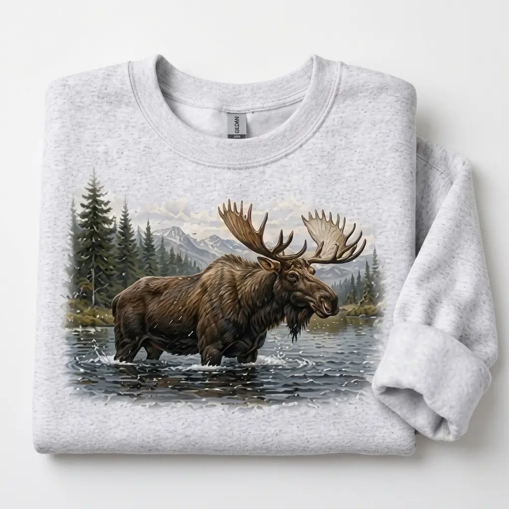 Majestic Bull Moose River Sweatshirt - Vintage Alaska Wilderness Forest Crewneck Pullover for Men Women