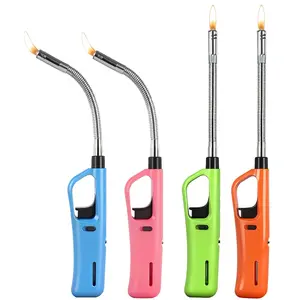 Flexible-neck kitchen torch lighter, refillable butane lighter with adjustable flame, long-handled barbecue lighter, ideal for barbecuing, camping, and cooking, available in 4 mixed colors, Nozzle, Metal