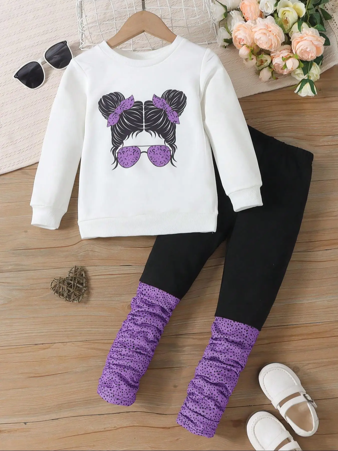 Two-piece Set Toddler Girl's Cartoon Print Sweatshirt & Patchwork Pants, Casual Round Neck Long Sleeve Pullover & Elastic Waist Skinny Pants for Fall