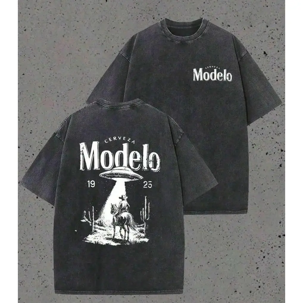 Menswear Soft Short-Sleeve Graphic T-Shirt - Unisex Oversized Retro Streetwear Top with Modelo UFO Cowboy Desert Pattern, Modelo Beer Letter Print, Summer Daily Wear, Ideal Gift