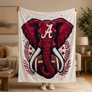 Alabama Crimson Elephant Flannel Blanket, Football Fan Throw Blanket, Soft Cozy Fleece Blanket for Bed Sofa Couch, College Sports Inspired Home Decor, Warm Gift for Men Women Fans All Seasons Use