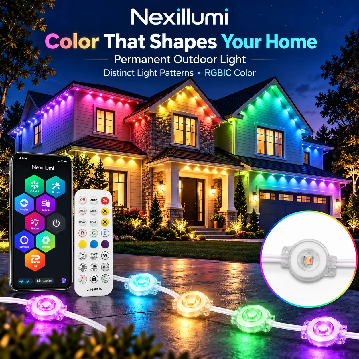 300FT Smart Permanent Outdoor RGBIC Eave Lights, App & Remote Control, DIY Scene Modes & Chasing Effects, Waterproof Roofline LED Lights for House Exterior, Christmas, Halloween, Holiday Decor & Year-Round Home Lighting
