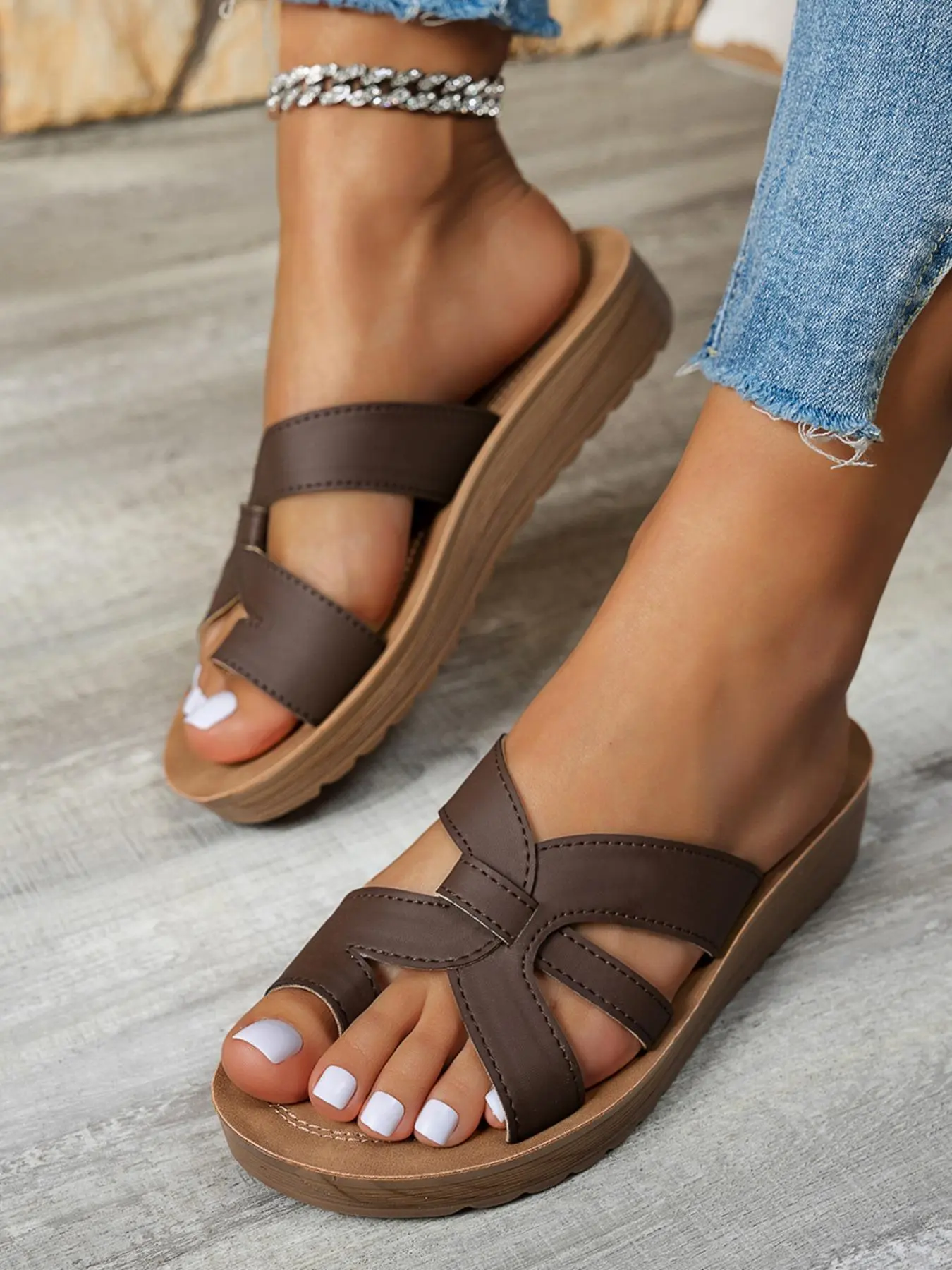 Women's Fashionable Plain Color Platform Sandals, fashionable comfy sandals, Leather Sandals, PU Leather Sandals, Sandals Slippers,   Casual Comfortable Platform Sandals for Summer, Lightweight Non-slip Sandals for Beach Vacation, Footwear Sandal