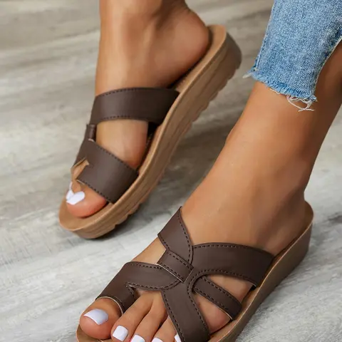 Women's Fashionable Plain Color Platform Sandals, fashionable comfy sandals, Leather Sandals, PU Leather Sandals, Sandals Slippers,   Casual Comfortable Platform Sandals for Summer, Lightweight Non-slip Sandals for Beach Vacation, Footwear Sandal