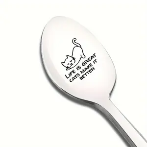 Cat Pattern Stainless Steel Spoon, 1 Count Life Is Great Letter Print Coffee Ice Cream Tea Dessert Spoon, Household Party Birthday Gift Kitchenware Tableware