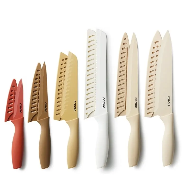 CAROTE 12 Pcs Kitchen Knife Set with Paring Knife - Stainless Steel with Creamic Coating - Dishwasher Safe - Kitchen Knives, Block