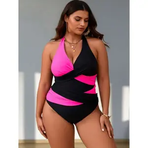 Plus Size Swimsuit One Piece - Women's Tummy Control Bathing Suit Color Block Halter Backless Ruched Swimwear Beach