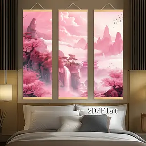 [2D-Flat]3pcs Posters Canvas Wall Art Cherry Blossom Waterfall Scenery Print Ink Wash Painting Wooden Scroll Hanging Painting, HD Art Decor, Home Decor Accessory, Pattern for Living Room, Indoor-Outdoor Decor, Fade-Resistant Art