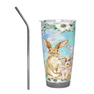 20oz Car Mug with Single Silver Rimmed Edge - with Stainless Steel Straw(two rabbits)