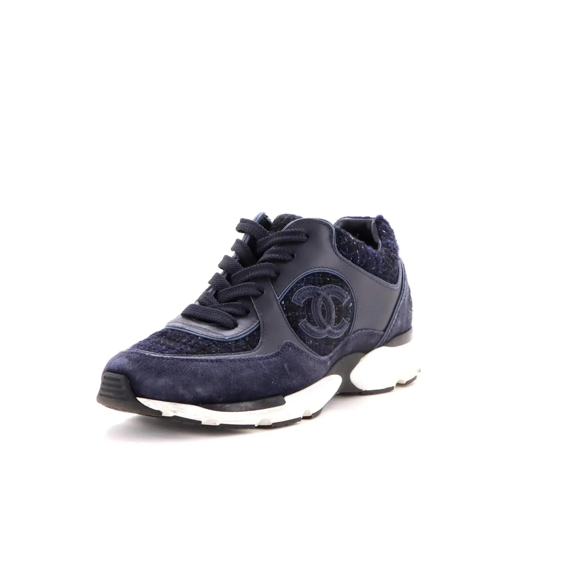 Pre-owned Chanel Women's CC Low-Top Sneakers Leather and Tweed by Rebag