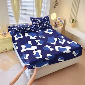 Blue and White Camouflage-Patterned Bedding Set, Featuring a Soft and Comfortable Fitted Sheet Set With a Cohesive Look. it Creates a Clean, Comfortable, and Slightly Edgy Atmosphere, Perfect for All Seasons.