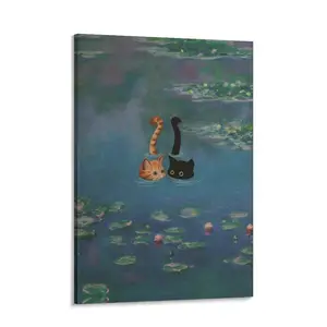 Cat Parody Poster of Monet's "Water Lilies" Art Print, Cat Lover Wall Decor，For Office Home Decor Bedroom Living Room Wall Decor