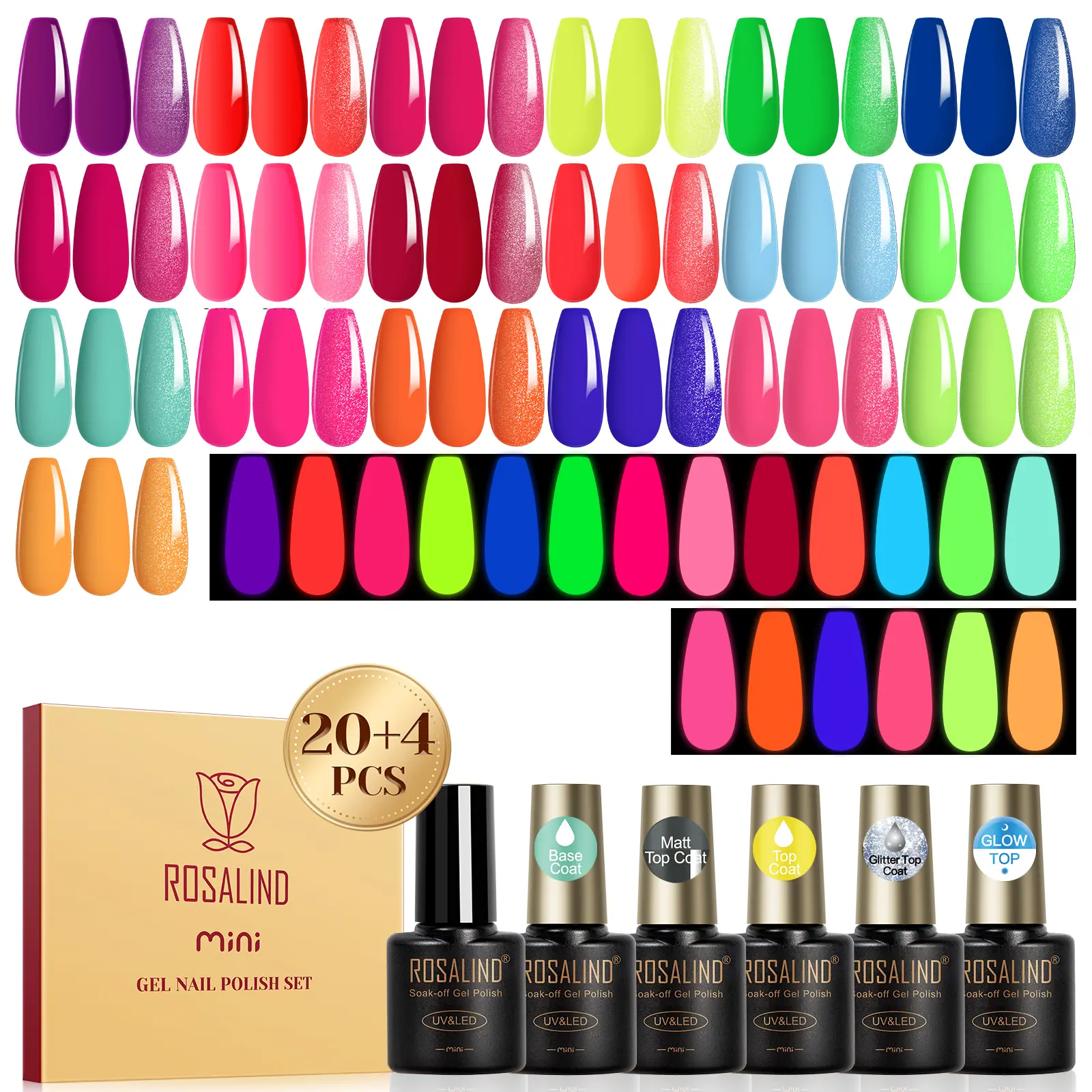 ROSALIND Neon Gel Nail Polish Set-19pcs Gels with 5pcs Special Functional Gel Varnishes for Nail Art Design Cure Fashionable Bright Colorful Set