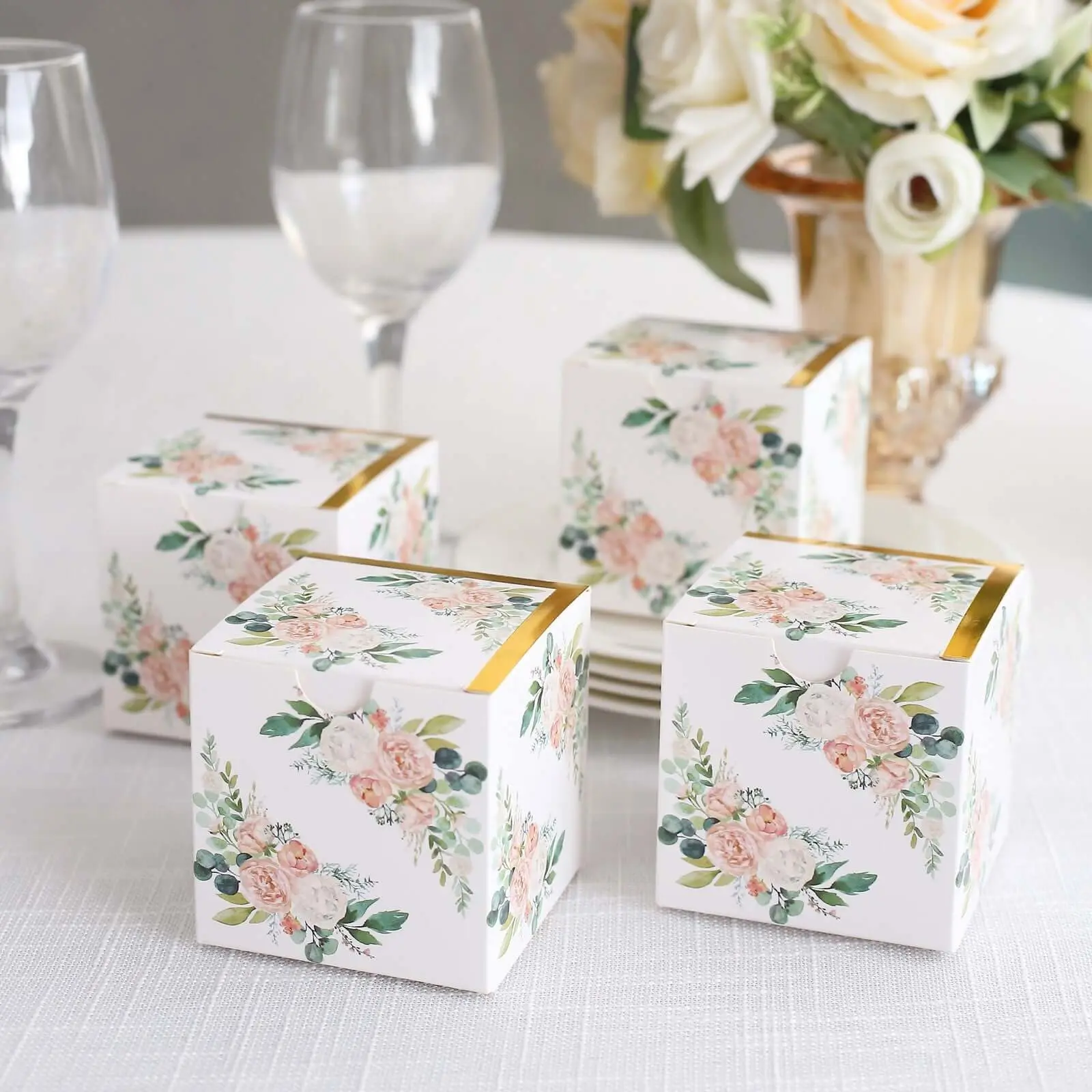 25-Pack Printed White & Pink Peony Cardstock Favor Boxes with Gold Edge, 3"x3"x3" Office Stationery Gift Boxes for Bridal & Engagement Parties, Baby Showers, Christmas Gifts, Elegant Packaging