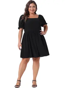 Agnes Orinda Plus Size Dress Women's Square Neck Puff Sleeve A-Line Mini Short Dress Black