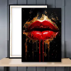 1pc Wooden Framed, Golden Drip Red Lips Canvas, Luxurious Lip Art Print, Glamorous Gold and Red Wall Decor, Artistic Sensual Modern Art Poster, Home Decor Accessory, For Bathroom, Bedroom, Office, Living Room, Home Decor