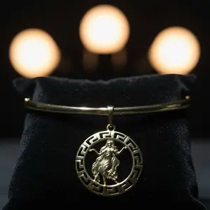 Beautiful Bangle Size 7" with Zodiac Sign - Elegant Gold-Tone Greek Key Design for Women