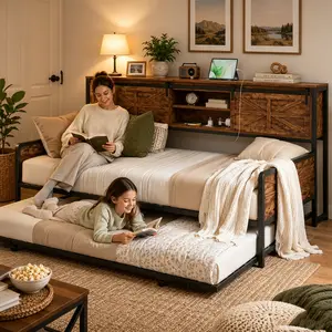 Farmhouse Twin Daybed with Pop-Up Trundle, Metal Bed Frame with Bookcase Headboard, Charging Station & Barn Door Storage, Rustic Brown for Bedroom Guest Room