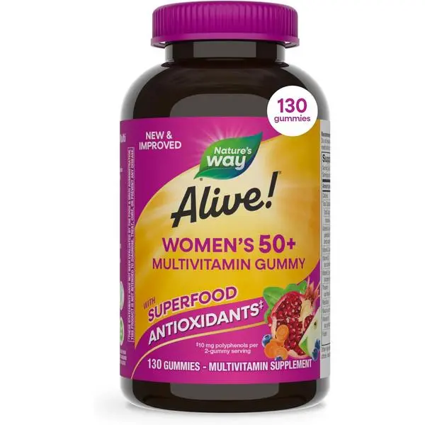 Nature's Way Alive! Women’s 50 Plus Multivitamin Gummy, Daily Chewable Multivitamins with B-Vitamins, Vitamin D3, Calcium, Supports Heart, Brain & Bone Health,* Mixed Berry Flavored, 130 Count