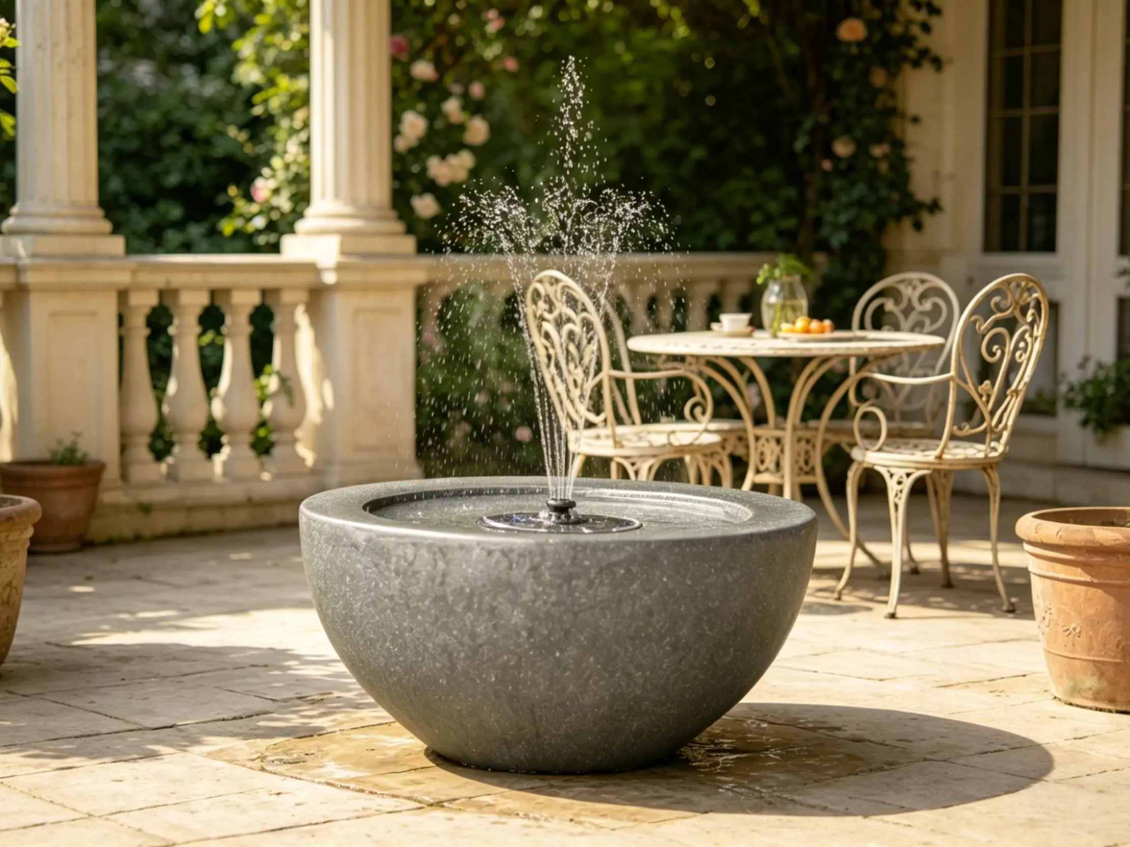 Solar Outdoor Round Fountain - Modern Stone Bowl Eco Water Feature with Auto Sun-Powered Pump, Zen Garden Element, Fresh Water Cycle, Patio Decor for Garden Backyard, Relaxing Sound