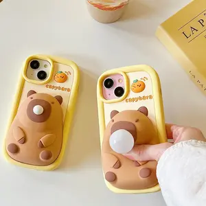 Case for iPhone 14,Cute 3D Kawaii Phone Cases Funny Capybara Blowing Bubbles Cartoon Cover with Keychain Soft Silicone Gel Drop Protection Case Women Girls for iPhone 14