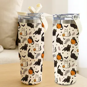 1pc 30oz Stainless Steel Tumbler with Handle and Straw, Halloween Black Cat and Pumpkin Pattern, Double Wall Insulated, Hot 12H/Cold 24H, Fun Leak Proof Travel Cup, Cute Gift for Holiday or Birthday, Insulated Water Bottle