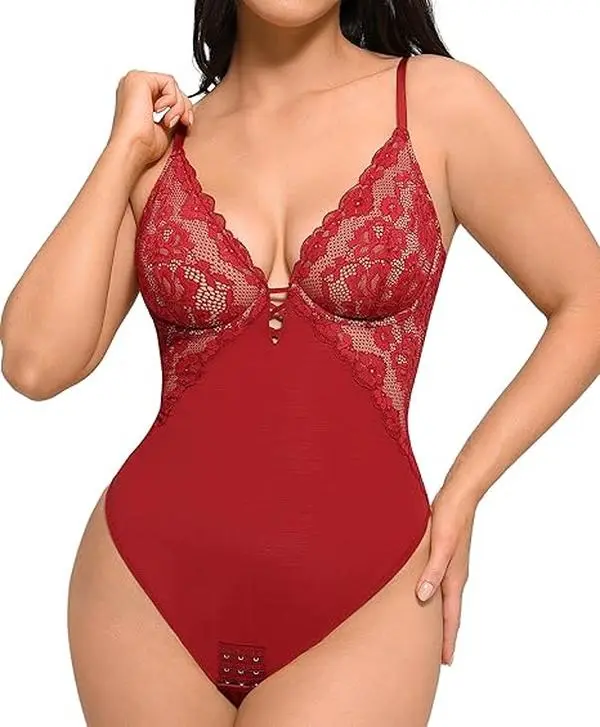 FeelinGirl Womens Lace Bodysuits Tops Sexy V Neck Thong Body Suit Shapewear Shaping Tank Tops Comfortable Womenswear