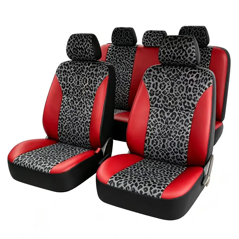 Leopard Print PU Leather Car Seat Covers Full Set, Front and Rear Split Bench Seat Covers for Cars, Automotive Interior Protection Accessories, Leopard Print Car Seat Covers, Universal Fit, Back Seat Cover, Suv Seat Covers