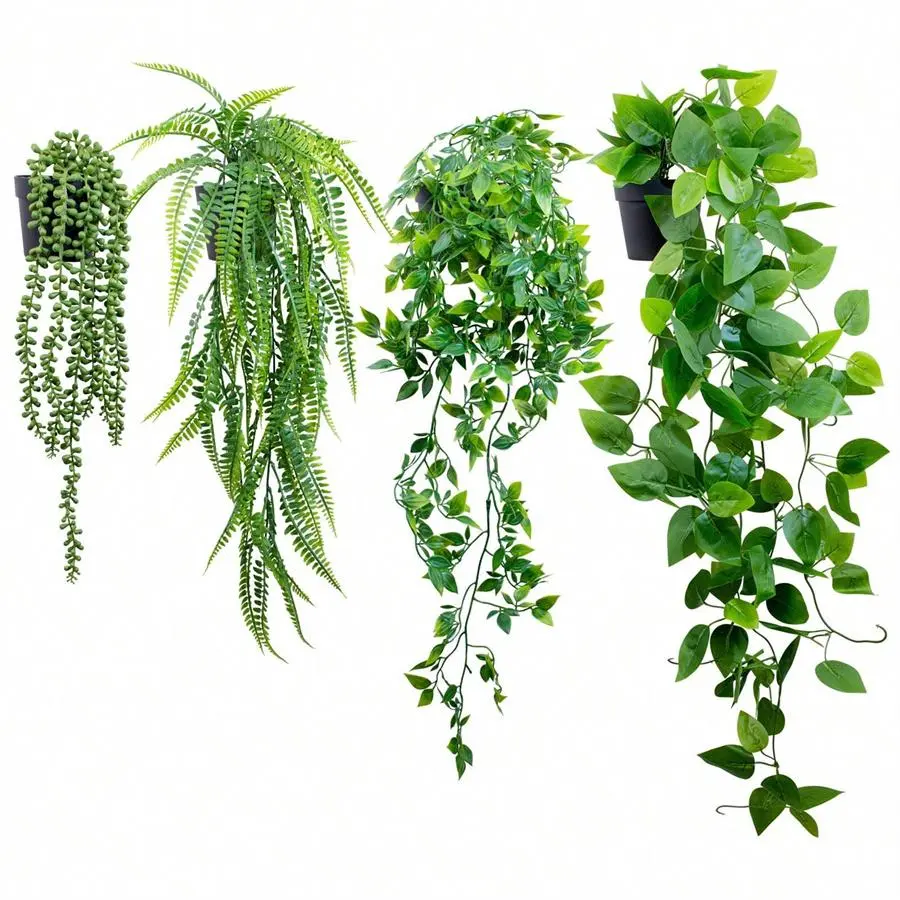 Artificial Hanging Plant, 4 Counts Fake Potted Green Artificial Plant, Fake Hanging Plant Artificial Fake Plants for Balcony Outdoor Garden Wall Decoration, Hanging Plant Vines