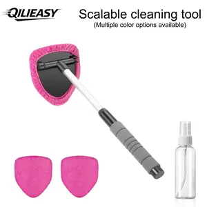 Car Windshield Cleaning Tool, Extendable Handle Cloth Head, Reusable Washable Car Towel, Set with 2 Microfiber Pads, Interior Exterior Glass Wiper Kit, Car Windshield Cleaner
