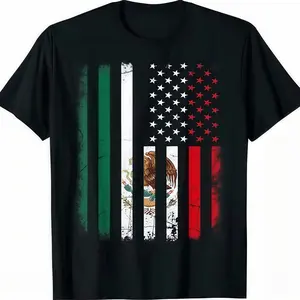 Mens Fashionable Crew Neck T-Shirt - Comfortable Fit, PatternedPrint MexicanAmerican Flag Tee  Show Your Dual Pride, Crewneck Streetwear Black Top
