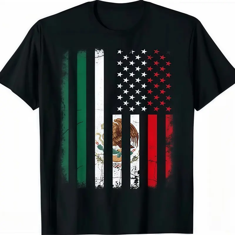 Mens Fashionable Crew Neck T-Shirt - Comfortable Fit, PatternedPrint MexicanAmerican Flag Tee  Show Your Dual Pride, Crewneck Streetwear Black Top Classic Menswear